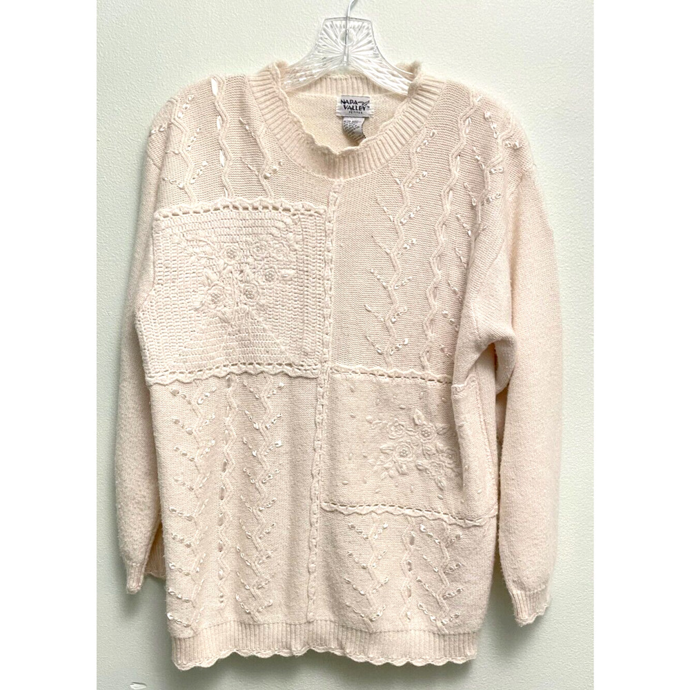 Vintage Napa Valley Womens Sweater Large White Beaded Patchwork Grannycore 80s